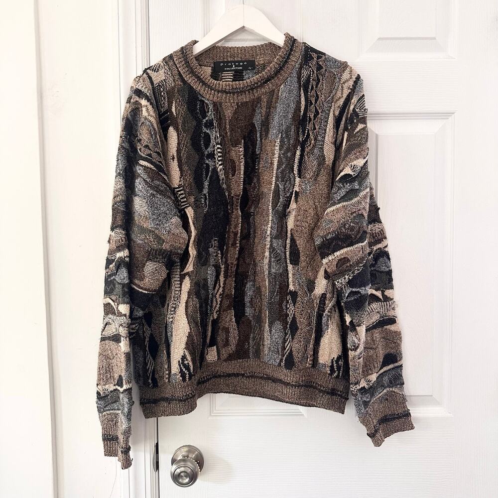 Protege Vintage Coogi Style Brown Grey Black 3D Textured Baggy Sweater Large